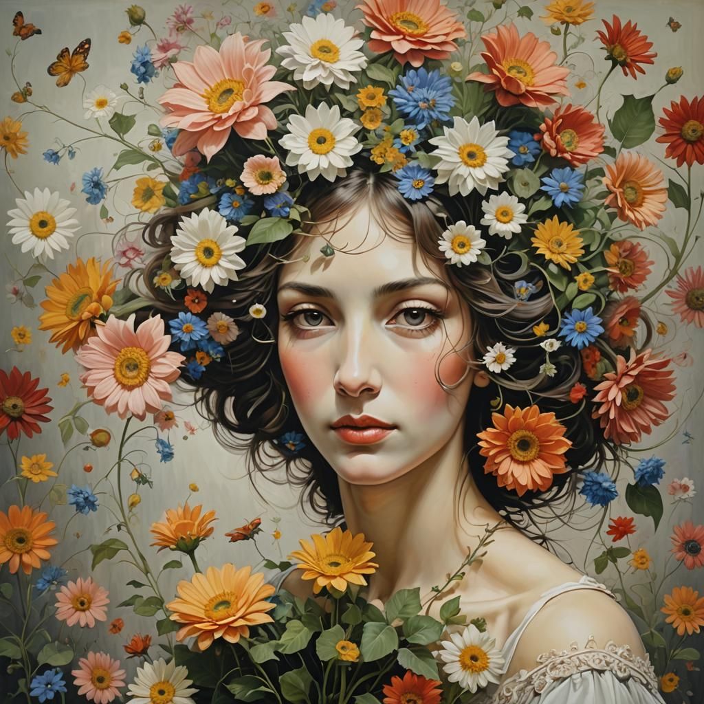Surreal Woman Merging with Flowers Portrait