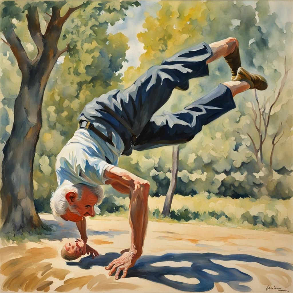 Old Man Handstand in Gouache Style