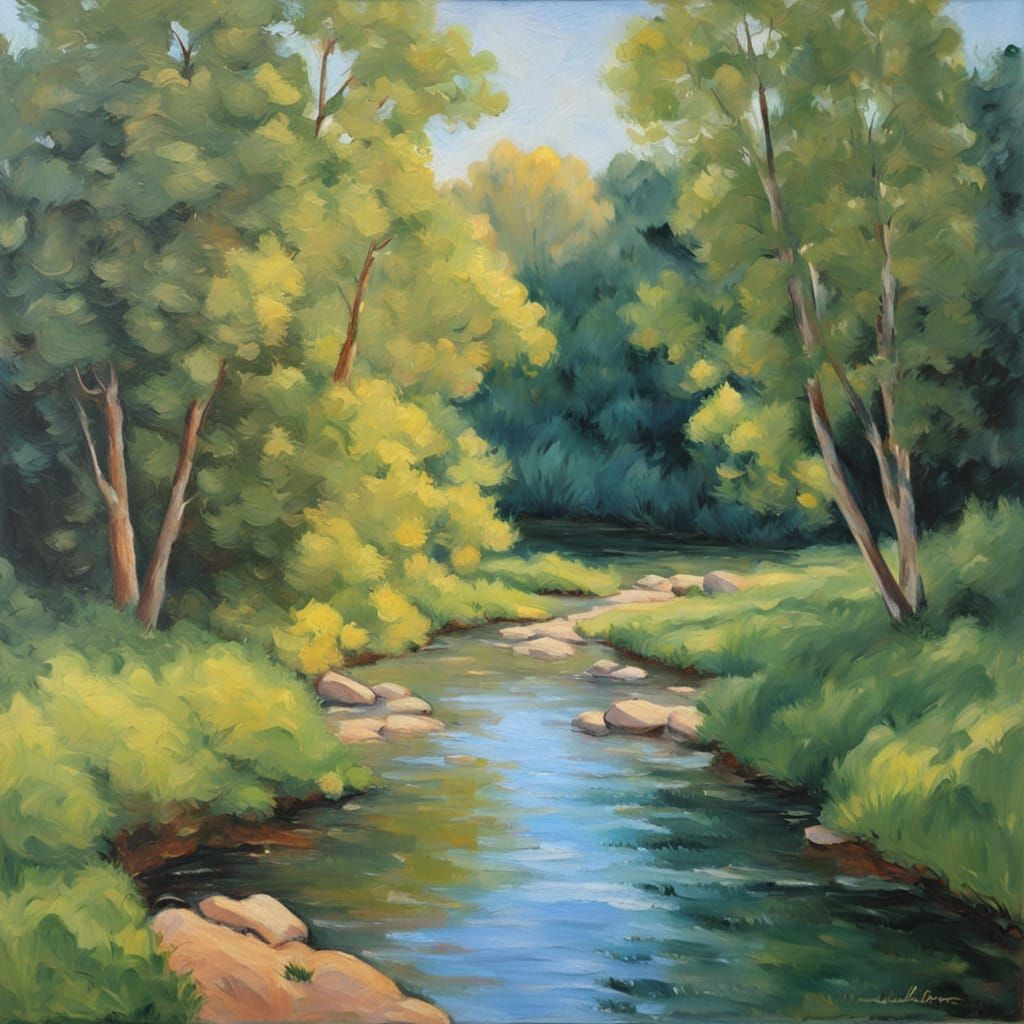 Neo-Impressionist River Landscape with Vibrant Dappled Light