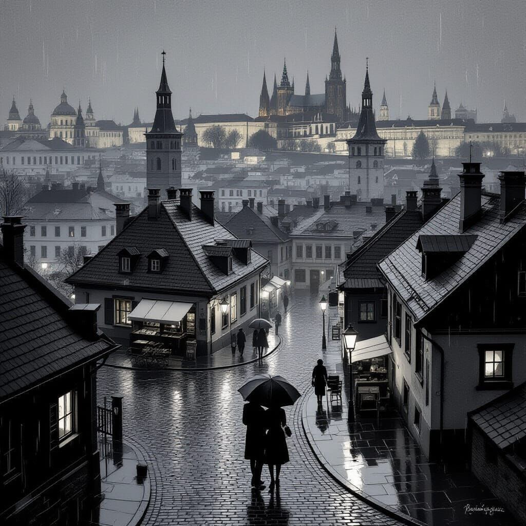 Romantic 40s Cityscape: Rainy Night Panorama