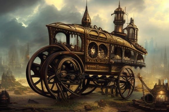 Steampunk Merchant Wagon in Dark Fantasy Cityscape