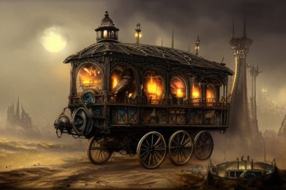 Steampunk Merchant Wagon in Ornate Dark Fantasy City