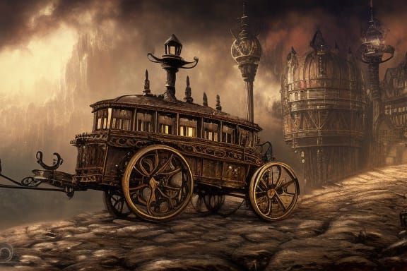 Steampunk Merchant Wagon in Dark Fantasy City