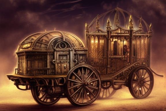 Steampunk Merchant Wagon in Ornate Dark Fantasy City
