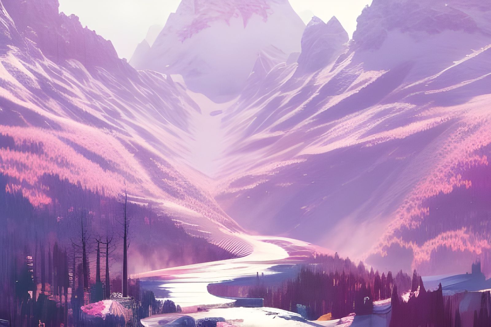 Snowy Mountain Valley in Winter Morning