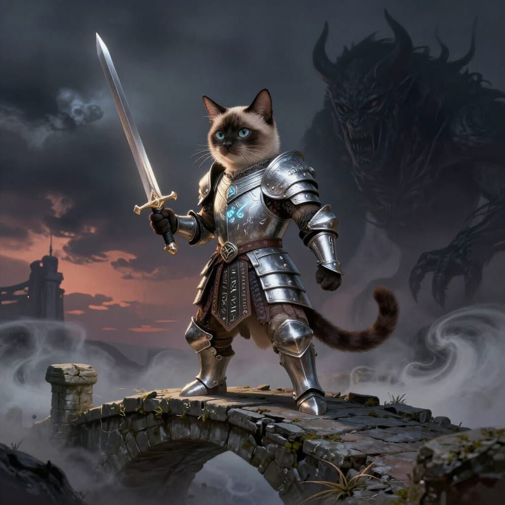 Siamese Cat Knight Battles Shadow Beast on Bridge