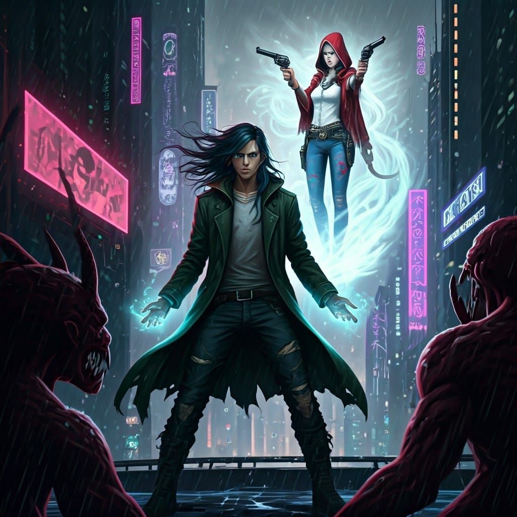 Neon-Lit Demon Hunters in Futuristic Cityscape