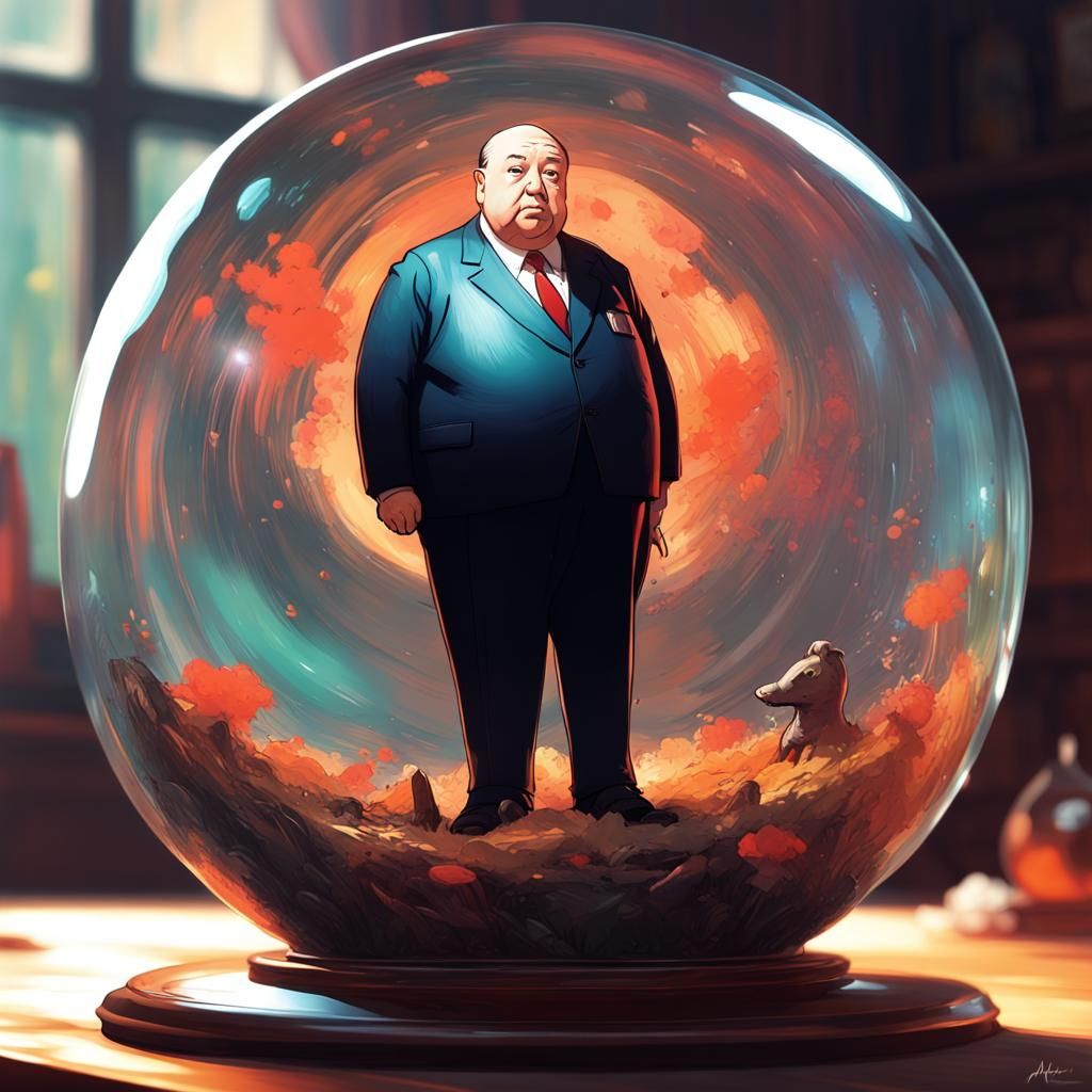 Adorable Alfred Hitchcock in Glass Sphere: Digital Art