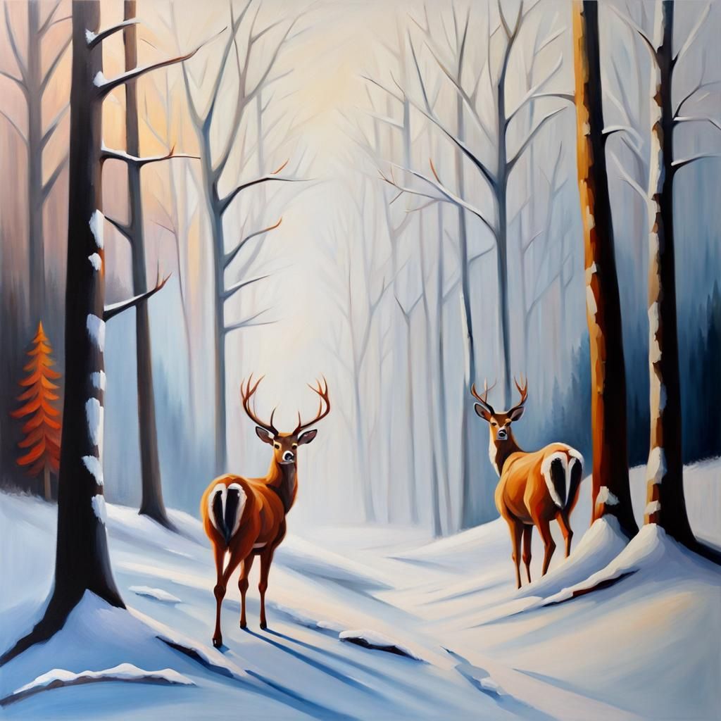 Winter Deer in Forest: Abstract Realism Oil Painting