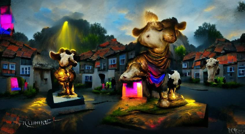 Cow Statue in Village: Rembrandt-Style Painting