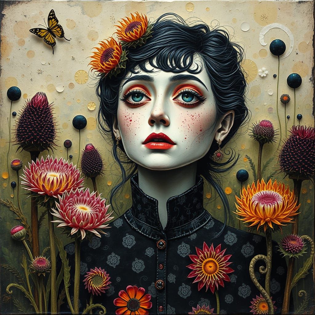 Surreal Dreamer Portrait with Thistles in Encaustic Style