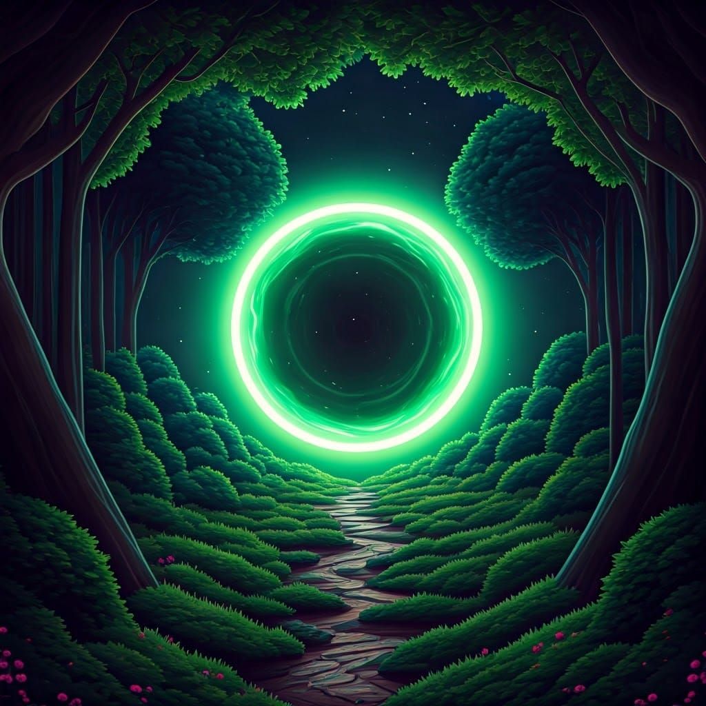 Green Portal to Another World in Retro Sci-Fi Style