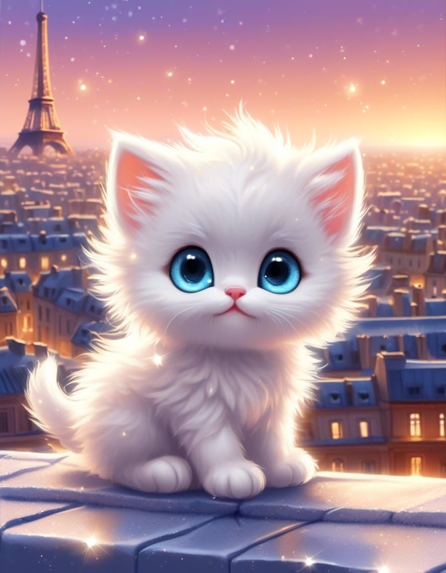 Adorable Kitten Over Paris in Pixar Cartoon Style