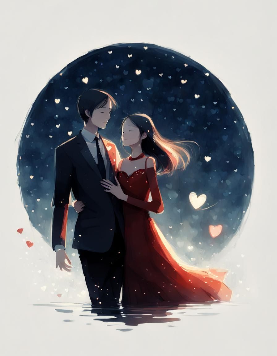 Couple Surrounded by Floating Hearts in Starlight