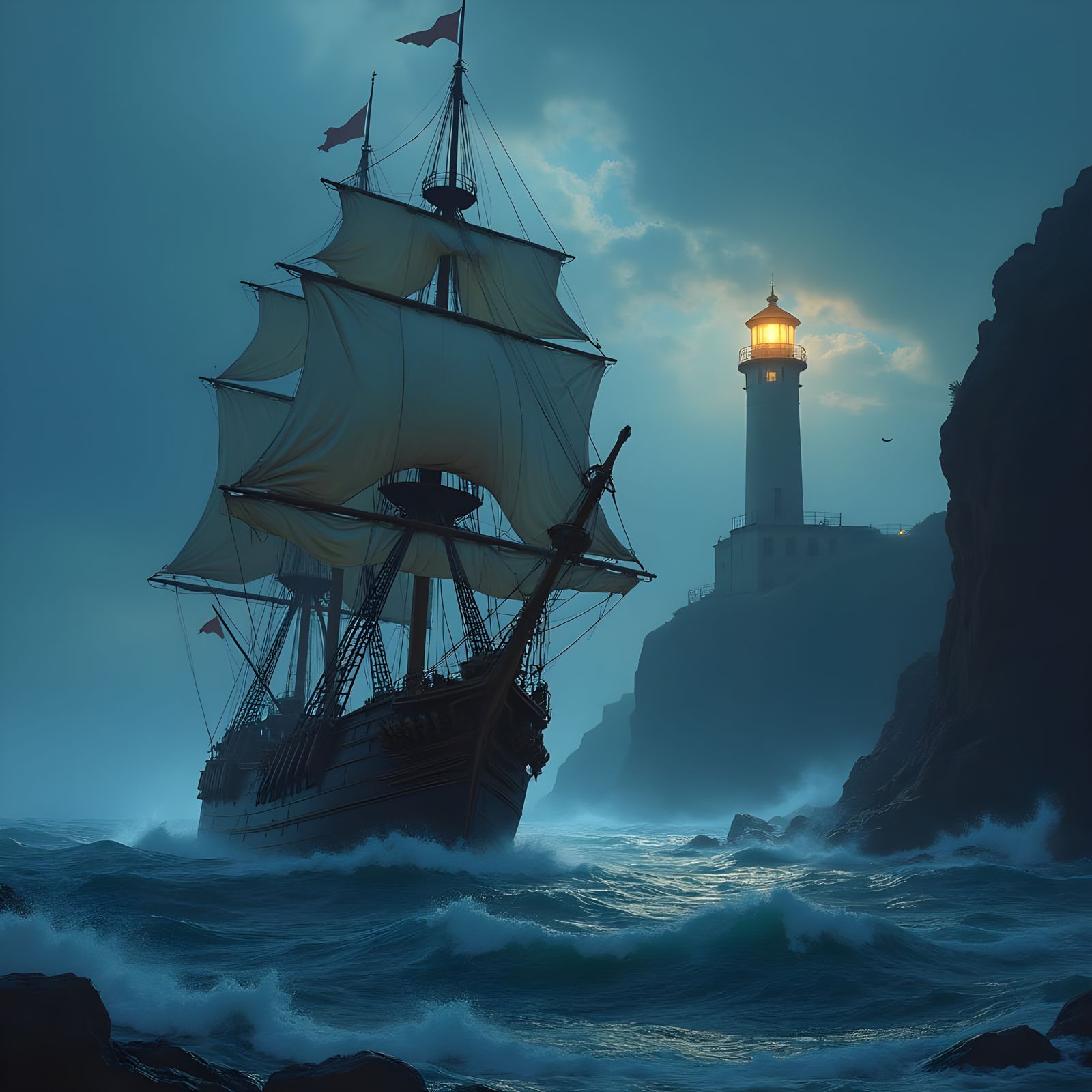 Sailing Ship Battles Stormy Seas at Night