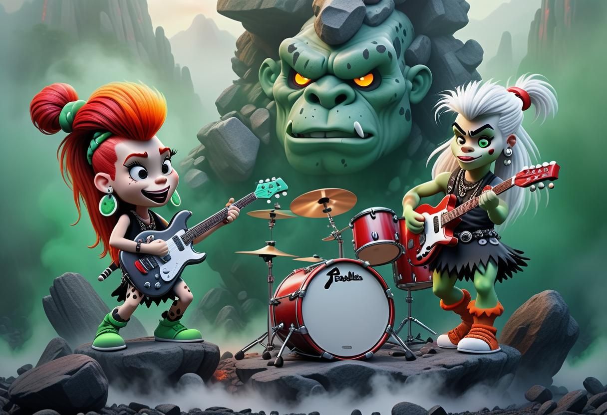 Pebbles and Bam-Bam Rock Concert in Cartoon Metal Style