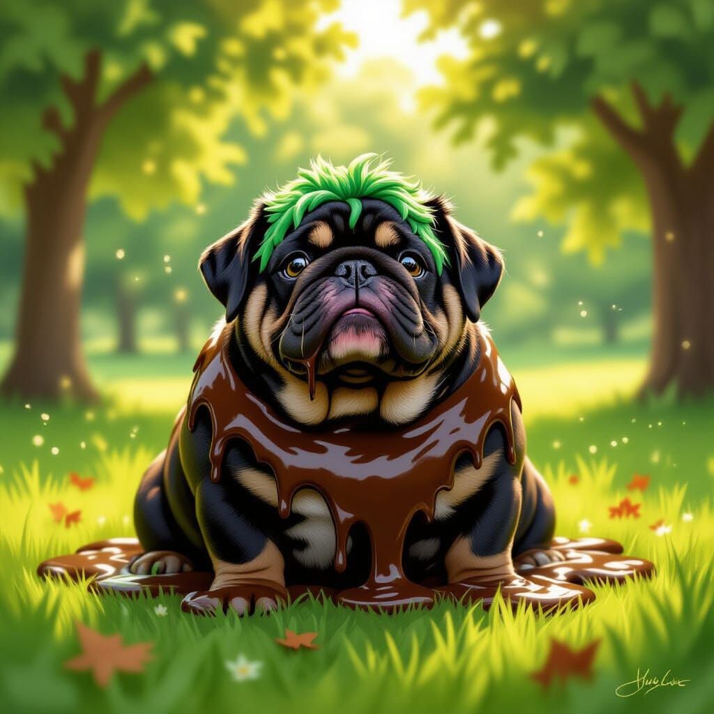 Fat Black Dog Covered in Chocolate in Park