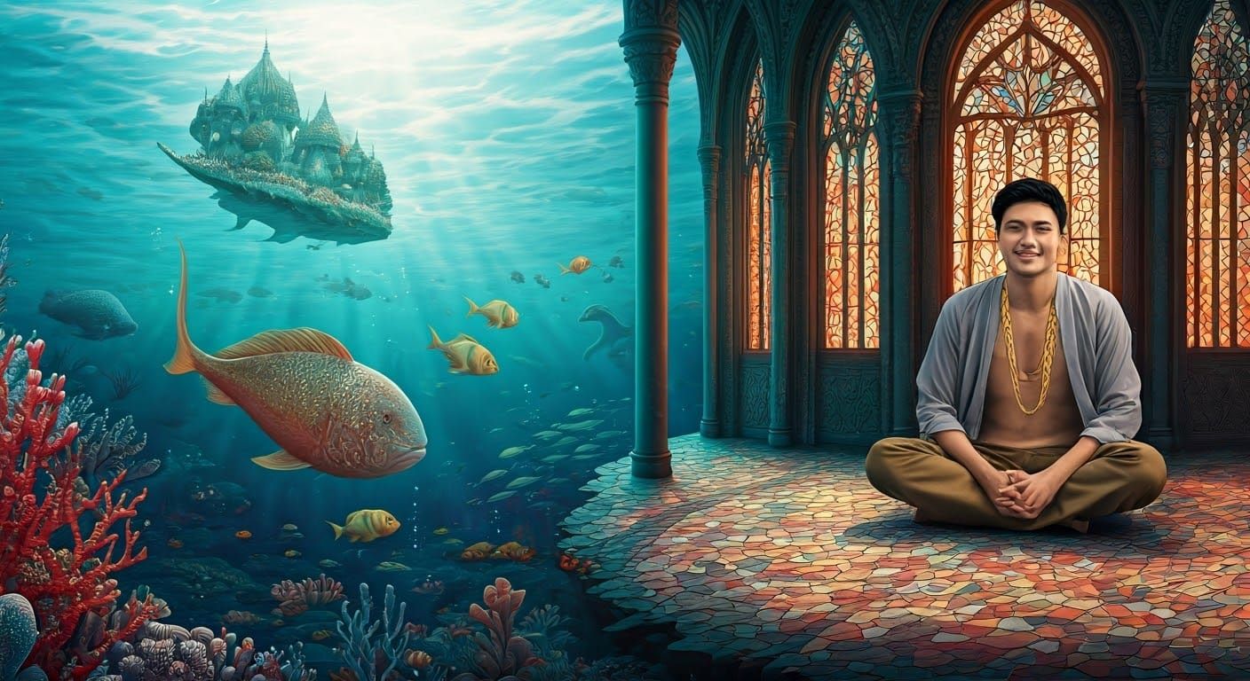 Burmese Man Snacking in Castle Seascape