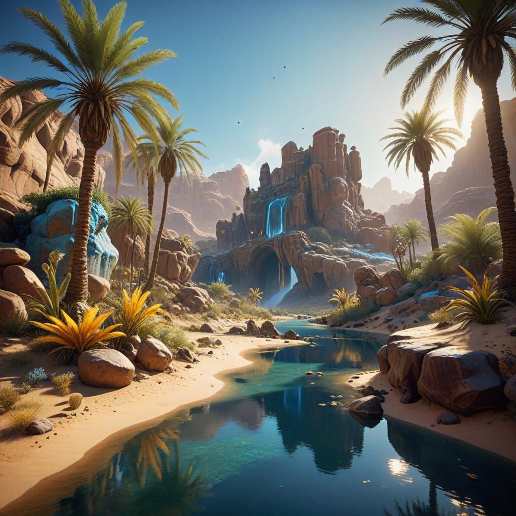 Dreamy Desert Oasis with Majestic Palm Trees and Crystal Pon...