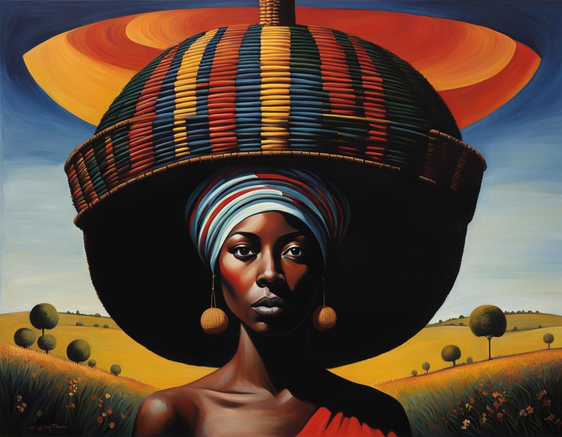 Surreal Woman with Basket, Biomorphic Art Style