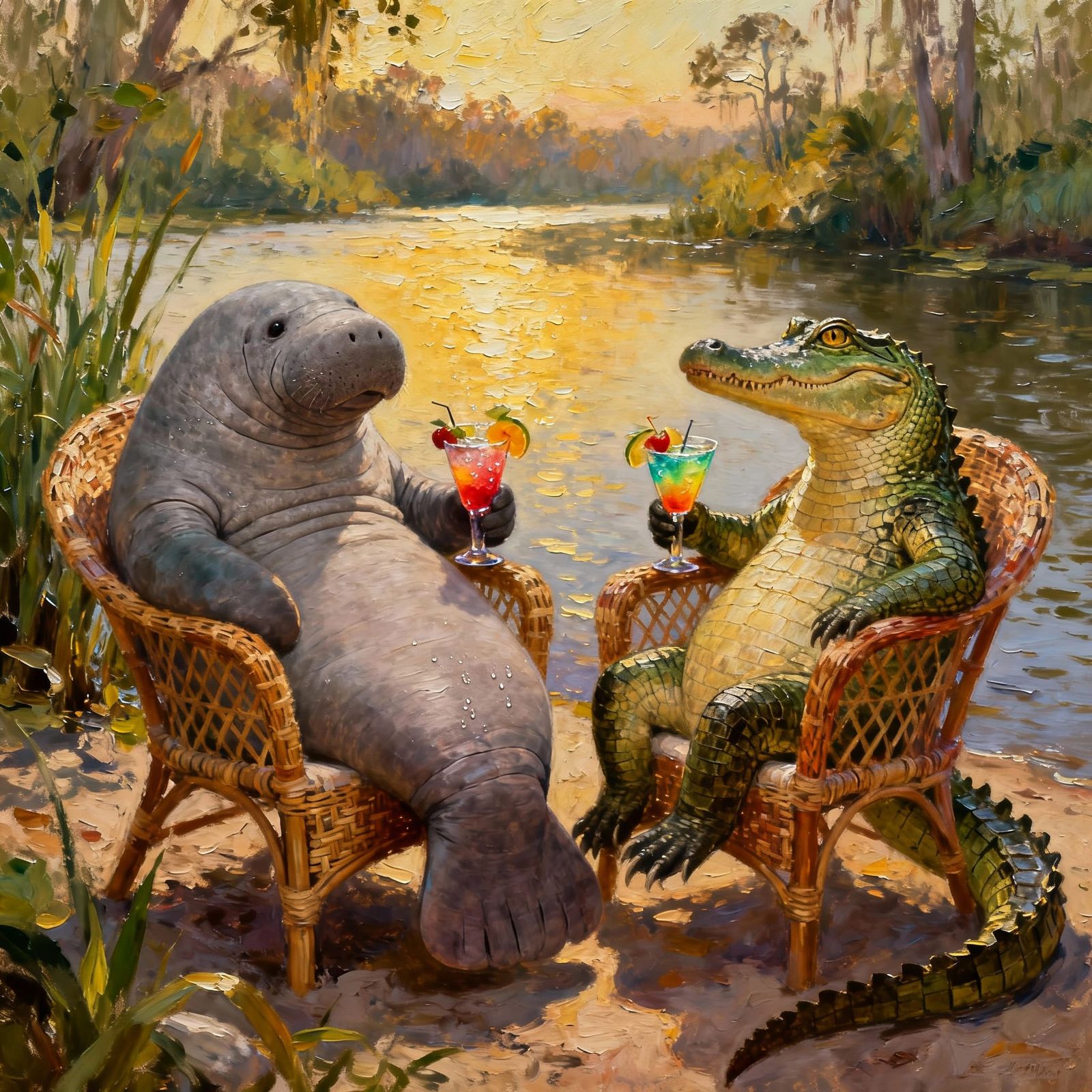 A majestic manatee, and a alligator sitting in a lounge chair on the edge of the river having a cocktail.
