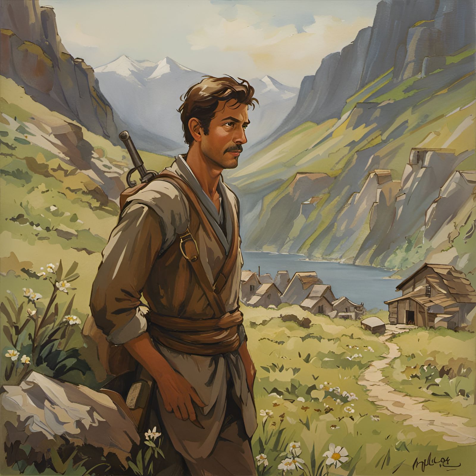 Handsome Man in Medieval Setting, Studio Ghibli Watercolor