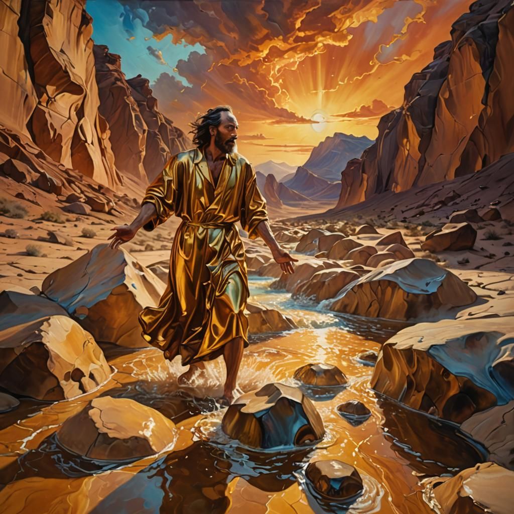 Moses Striking Rock: Surrealist Oil Painting in Desert