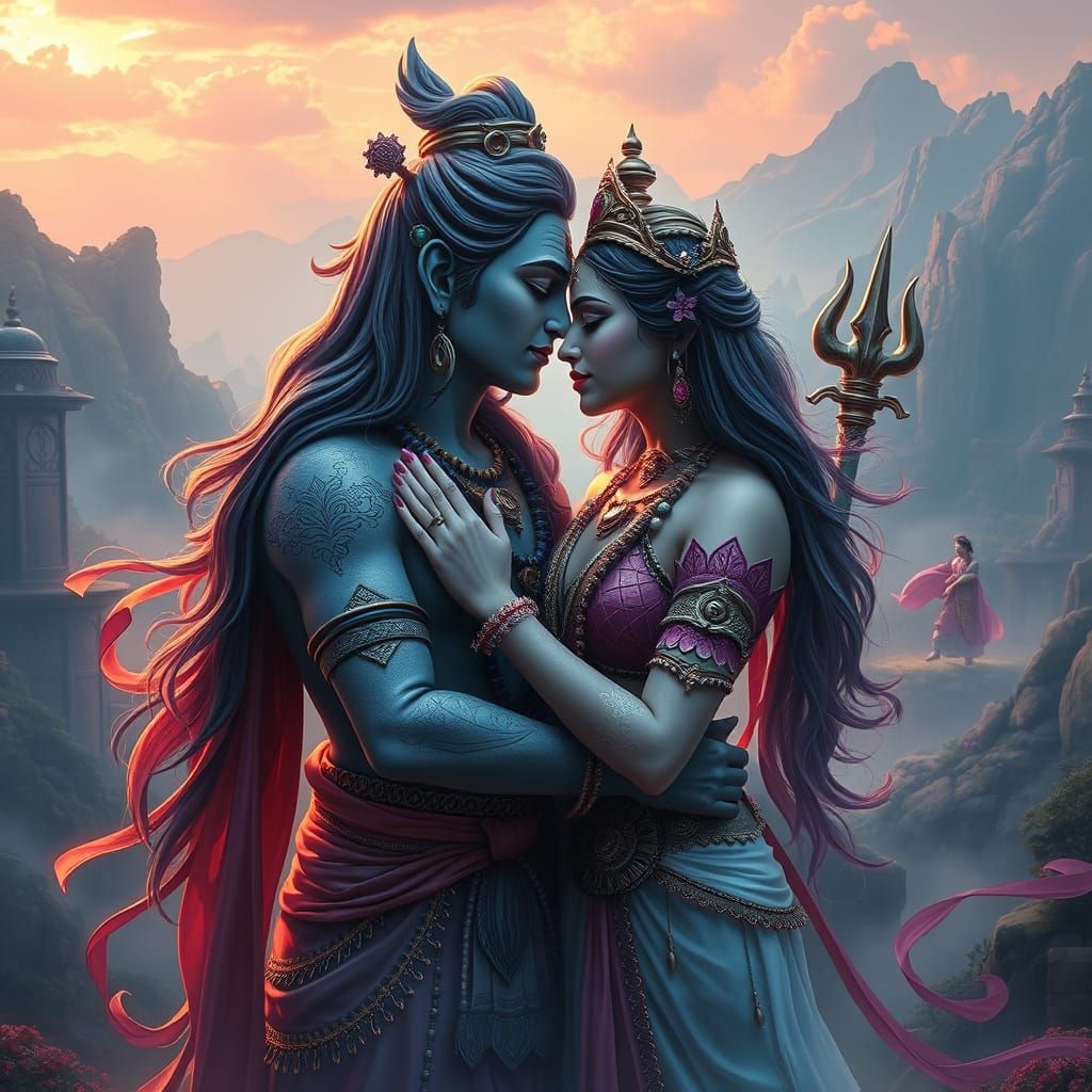 Divine Godly Embrace in Vibrant Fantasy Landscapes