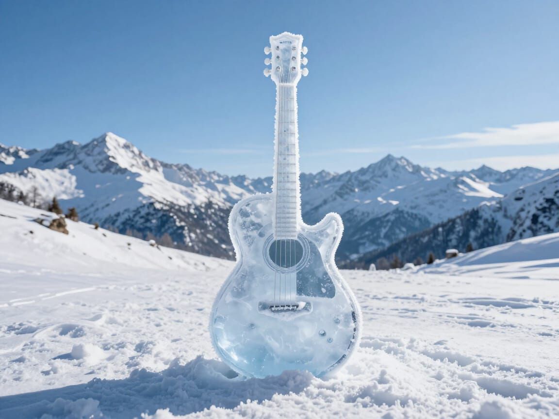Hyperrealistic Ice Guitar in Snowy Alpine Landscape