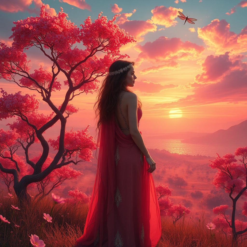 Mystical Woman in Scarlet Summer Landscape