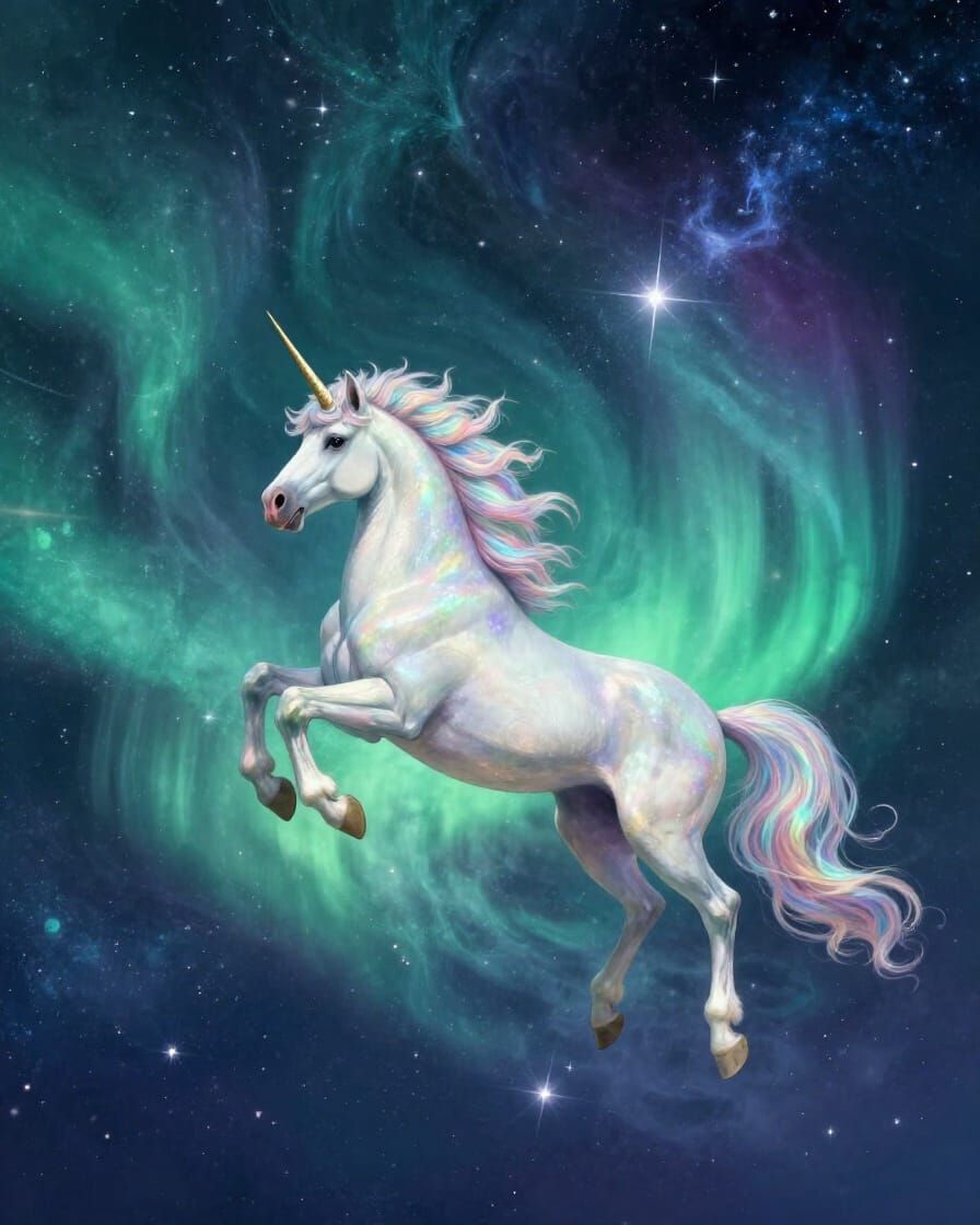 Majestic Unicorn Soars Through Starry Cosmic Sky