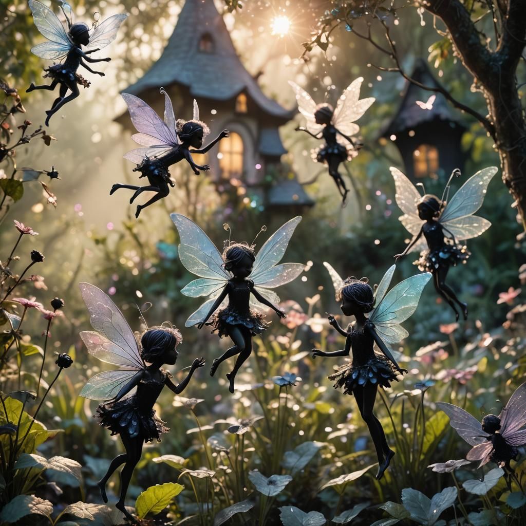 A group of cute tiny fairies playing in a garden