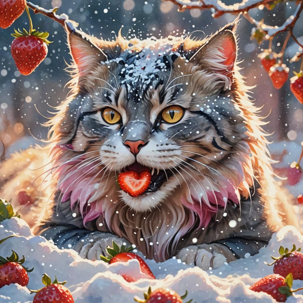 Snowy Cat Enjoys Strawberries: Watercolor Digital Art