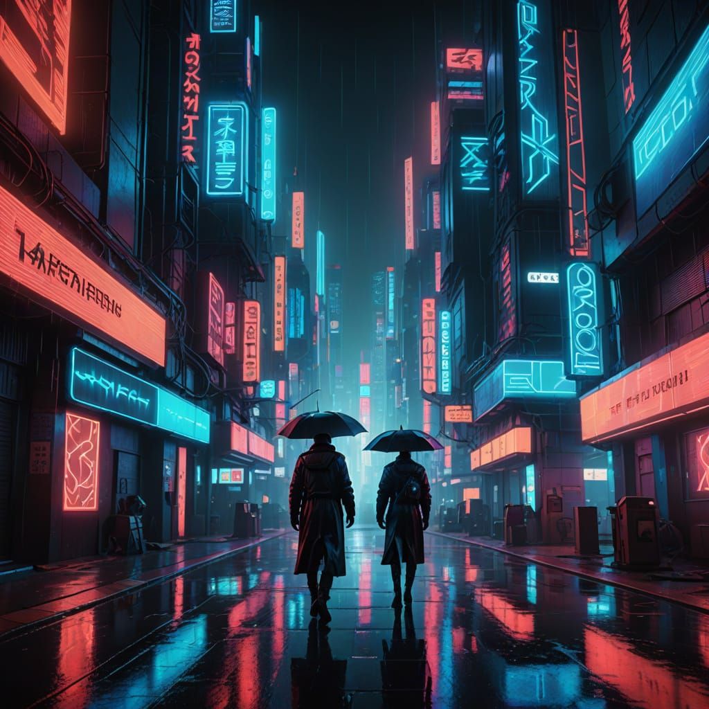 Cyberpunk Cityscape with Neon Lights and Retro-Futuristic Ar...