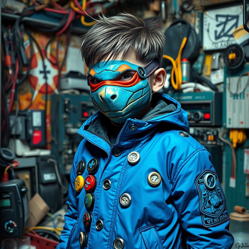 Future Boy in Turtle Mask Amidst Cluttered Shed