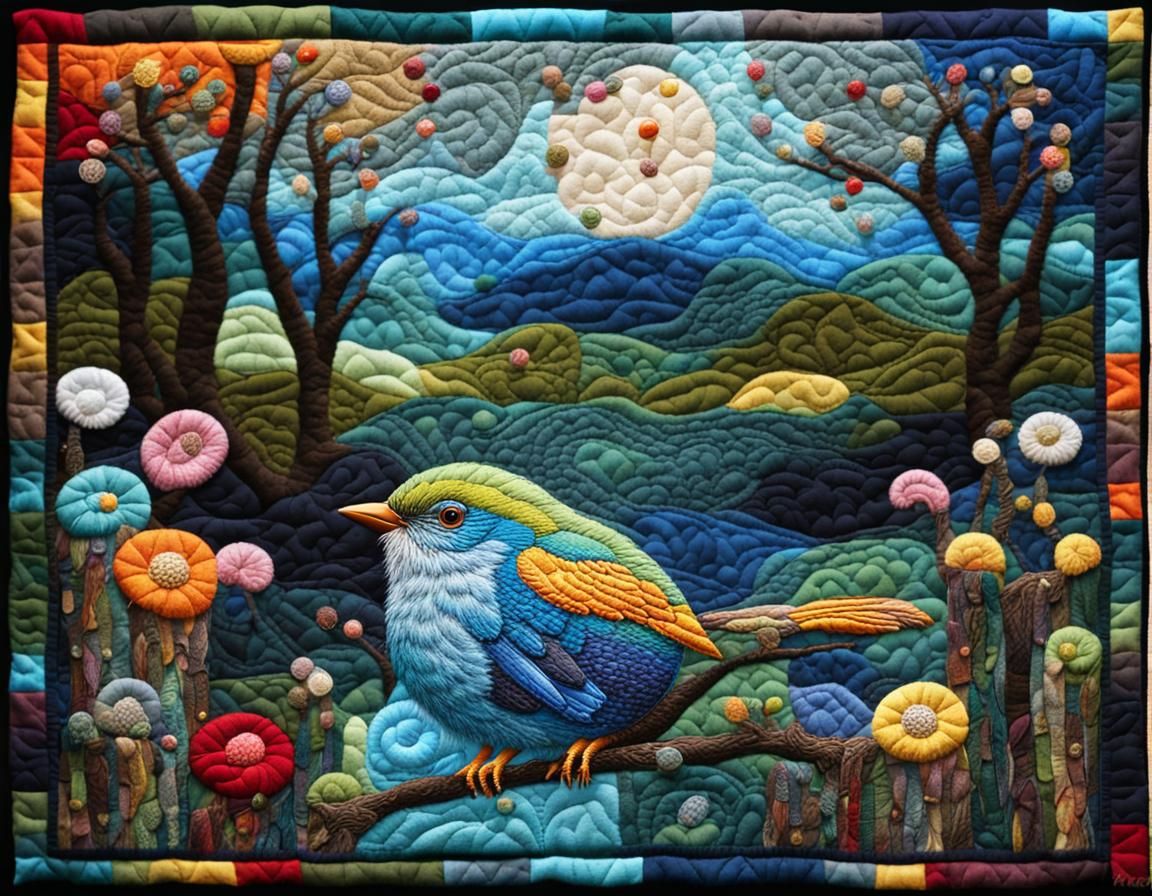 Patchwork Blanket with Embroidered Bird and Fireflies