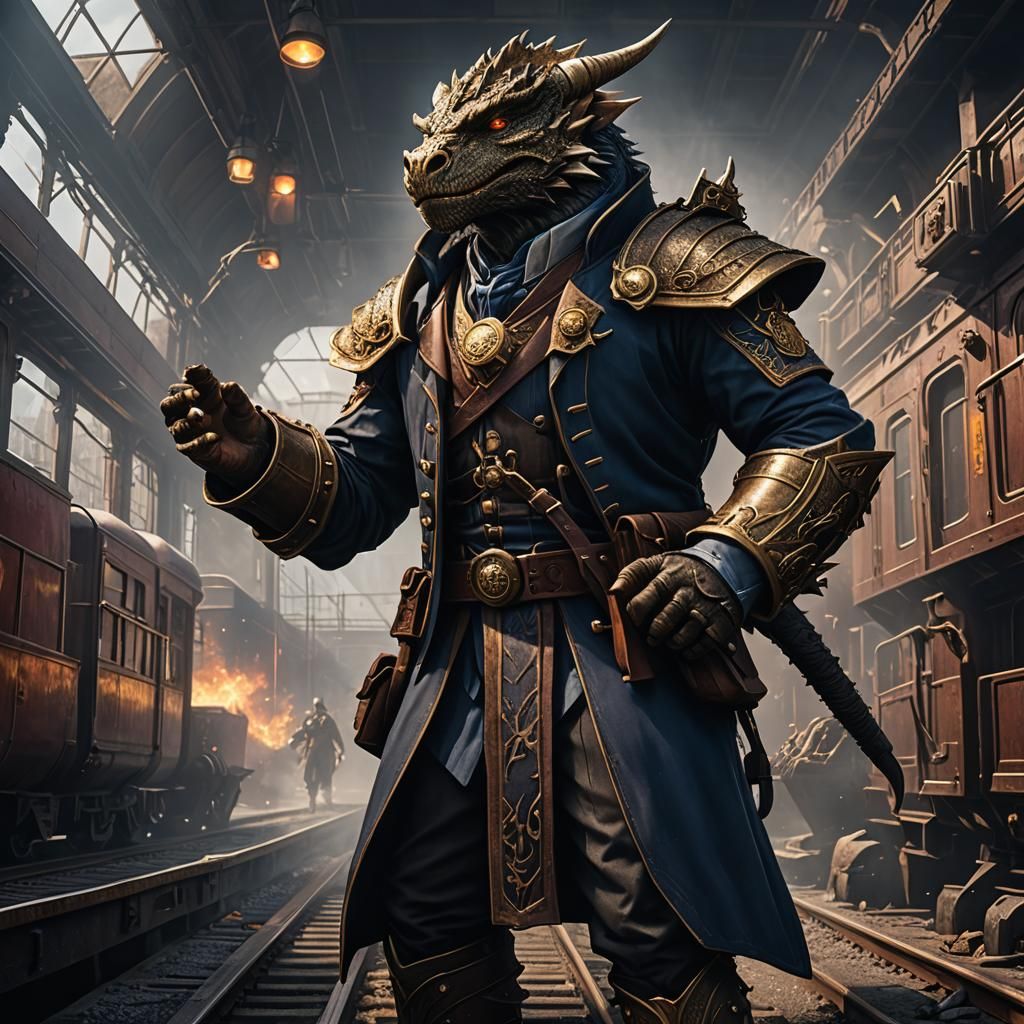 Dragonborn Train Conductor in Detailed Matte Painting Style