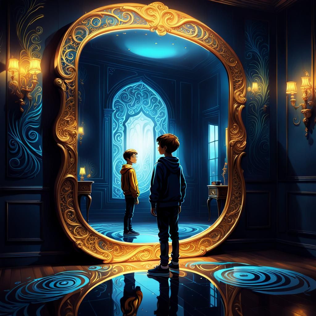 Boy Discovering Magical World in Mirror