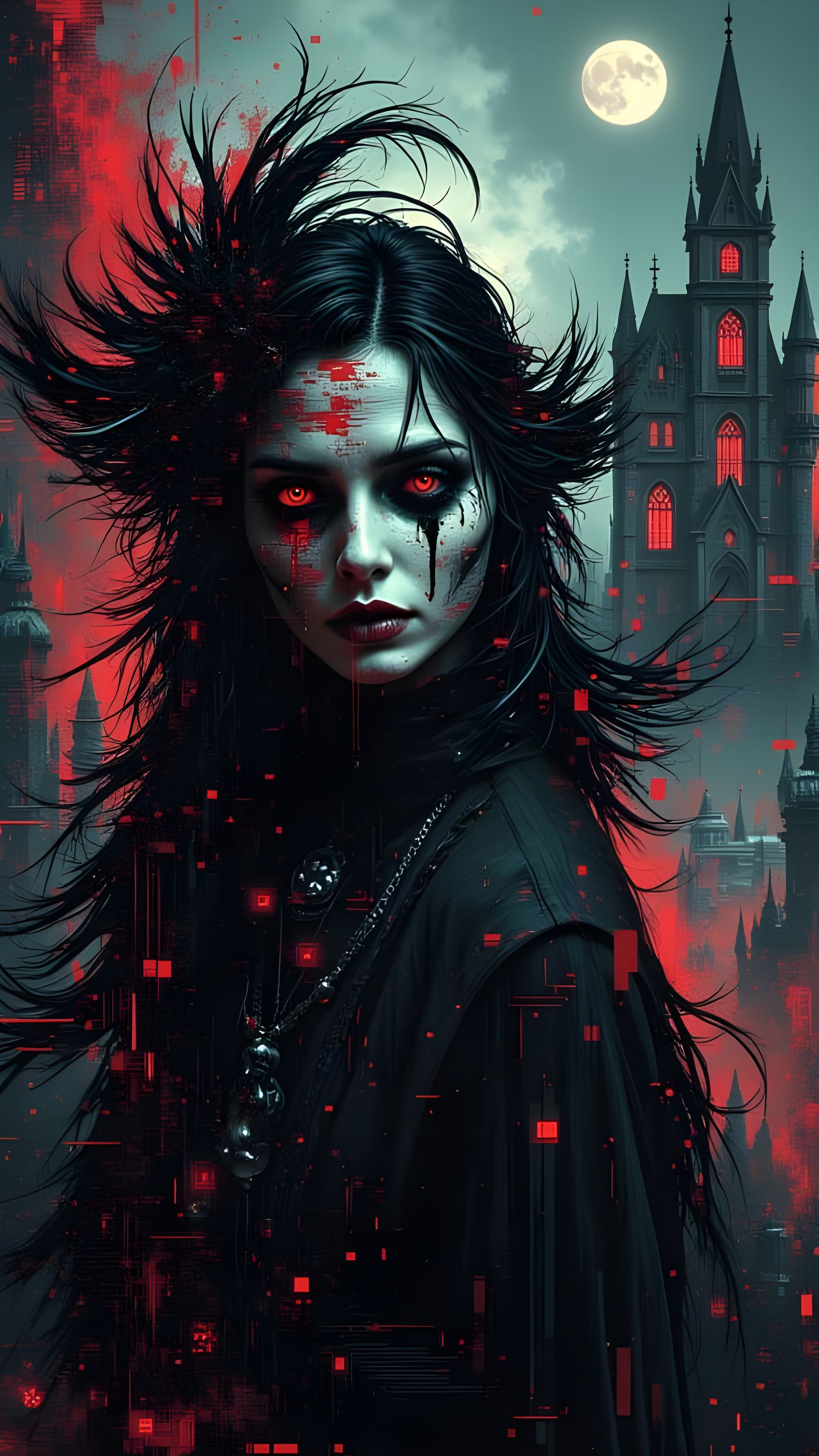 Gothic Vampire Portrait in Digital Glitchcore Style