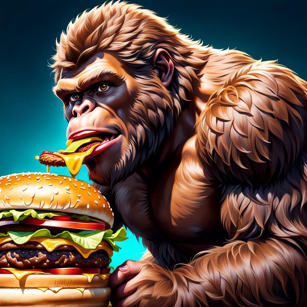 Hyperrealistic Sasquatch Enjoys a Juicy Hamburger