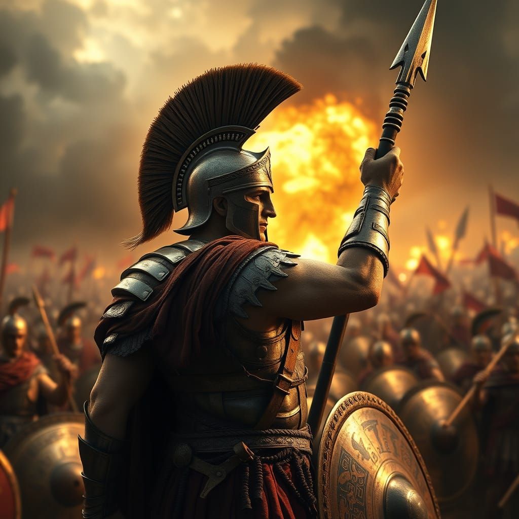 Warrior Defiant Against Roman Legion in Epic Storm