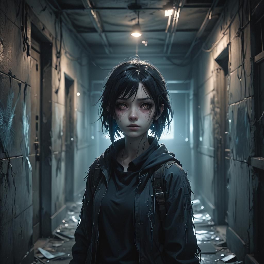 Eerie Anime Girl Portrait in Abandoned Corridor