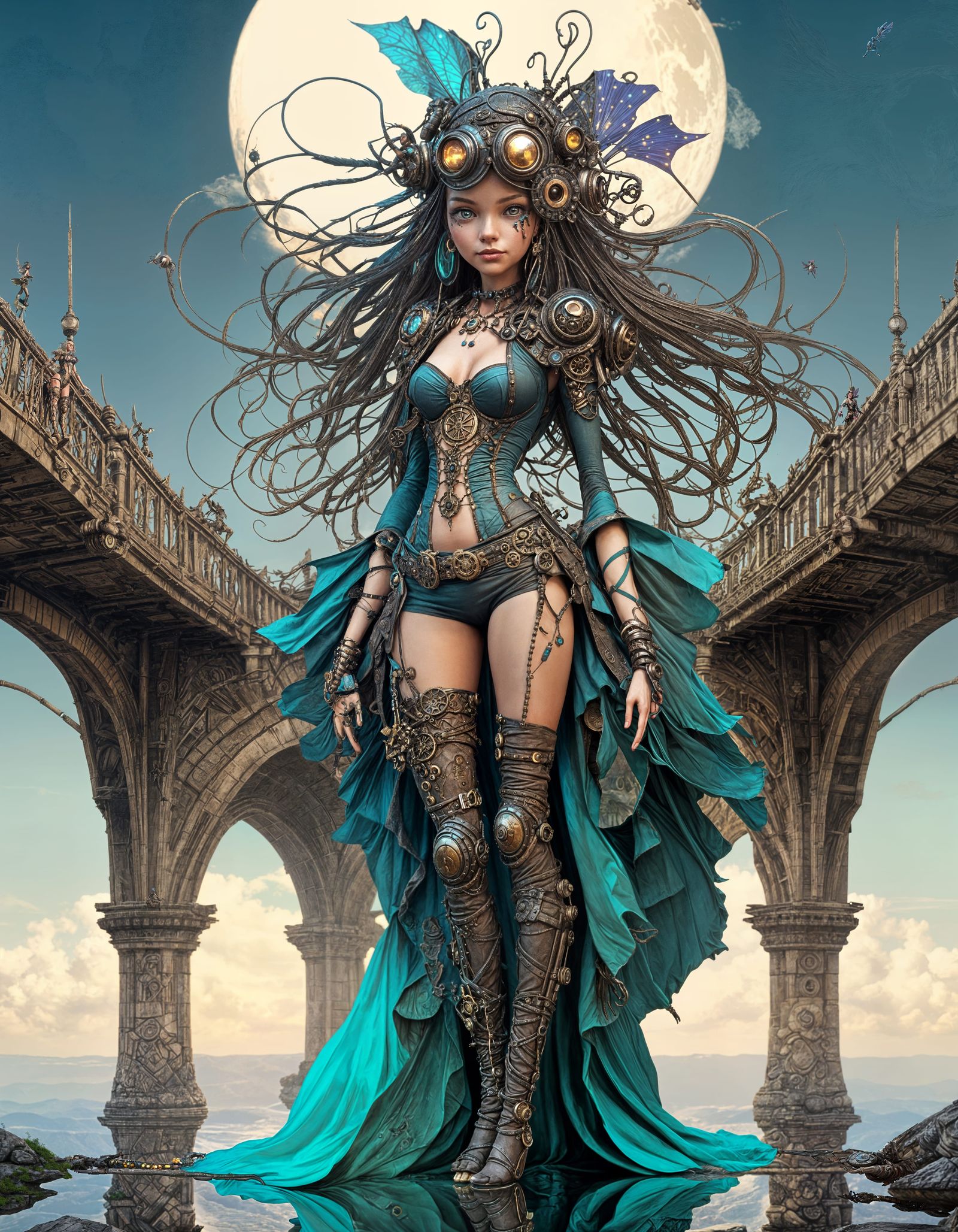 Steampunk Fairy Woman on Stone Bridge