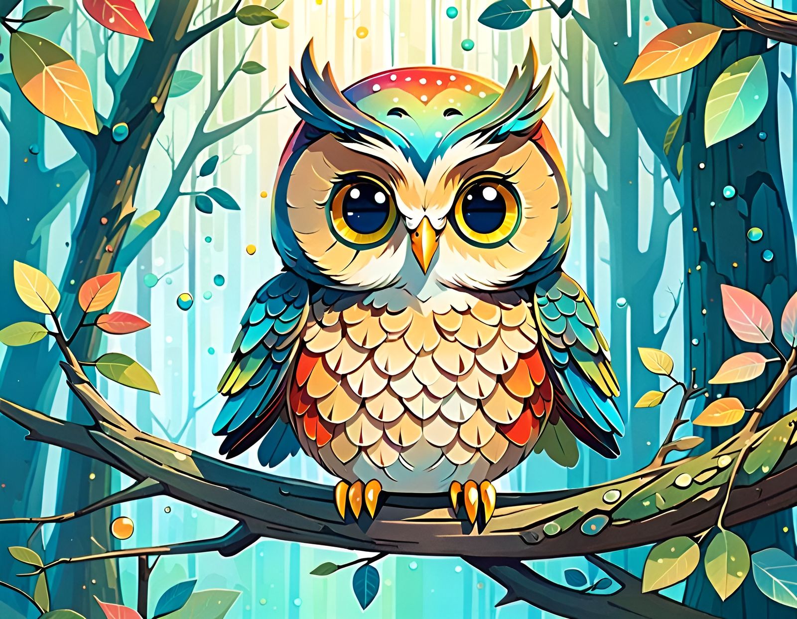 Chibi Owl on Branch in Storybook Style