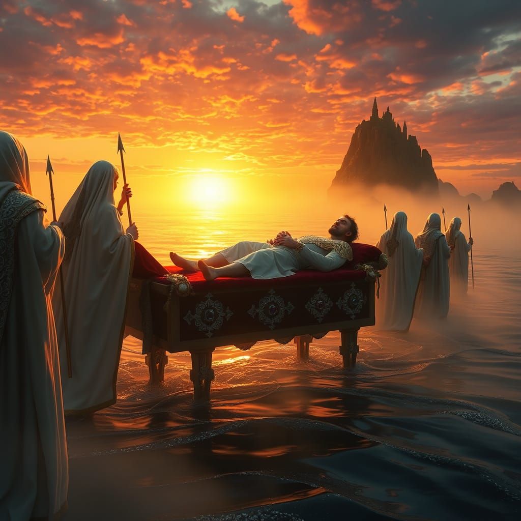 King Arthur's Journey to Avalon in Matte Painting Style