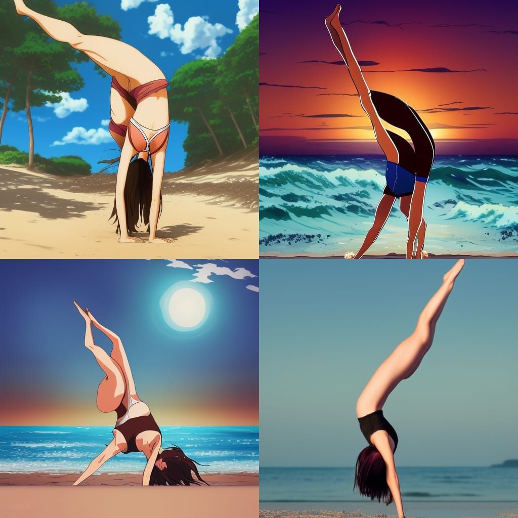 Beautiful Girl Doing A Hand Stand On The Beach