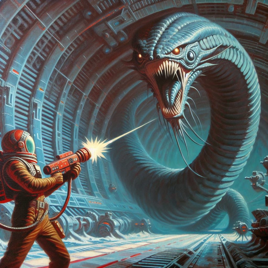 Astronaut vs. Alien Serpent in Space Horror Art