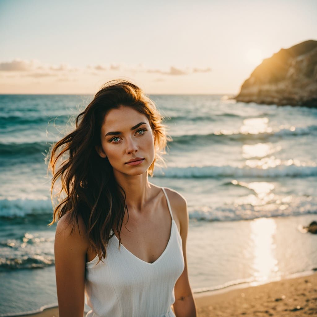 Golden Hour Beach Portrait in Film Grain Style