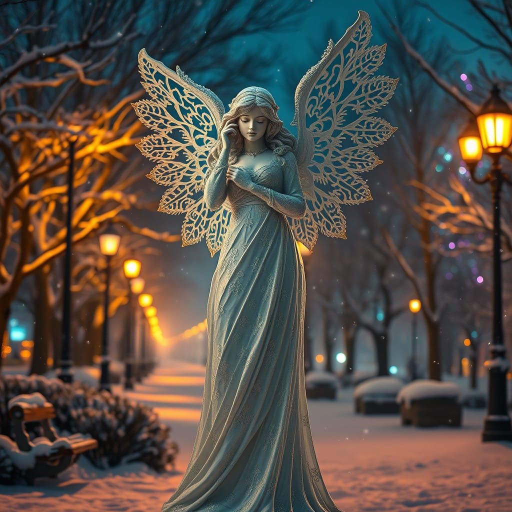 Victorian Angel Sculpture in Whimsical Snowscape