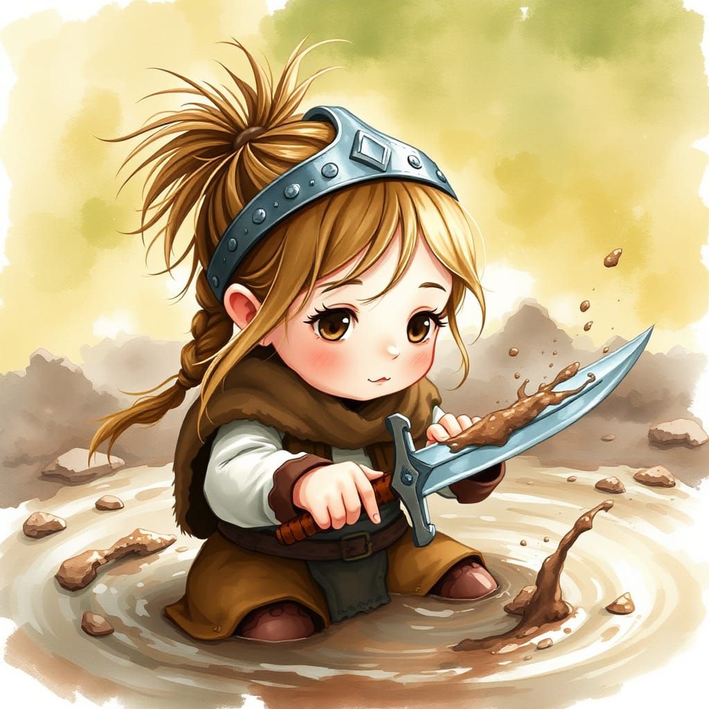 Viking Girl Playing in Mud: Dreamy Watercolor Style